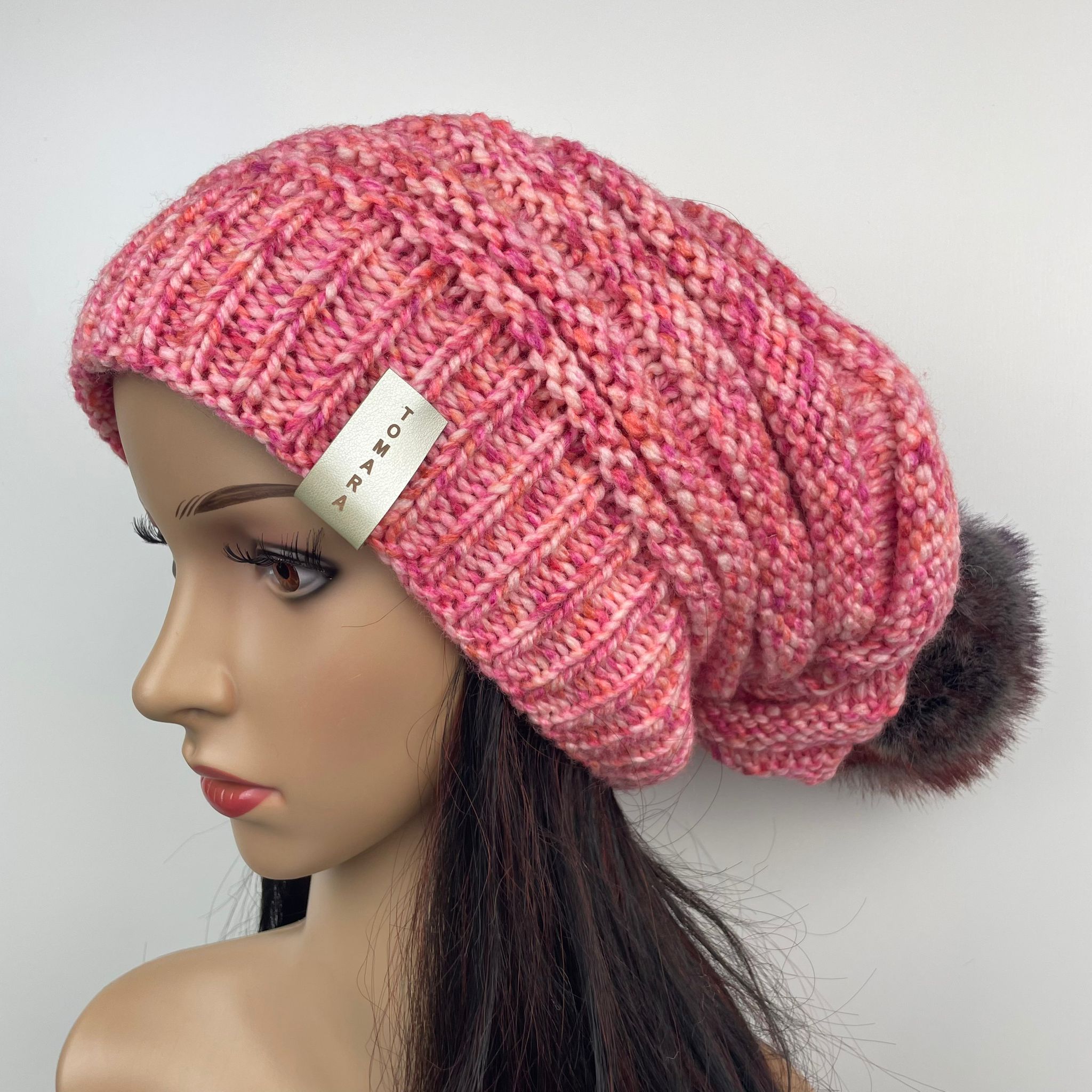 Pudelbeanie King-size, rosé-weiß meliert