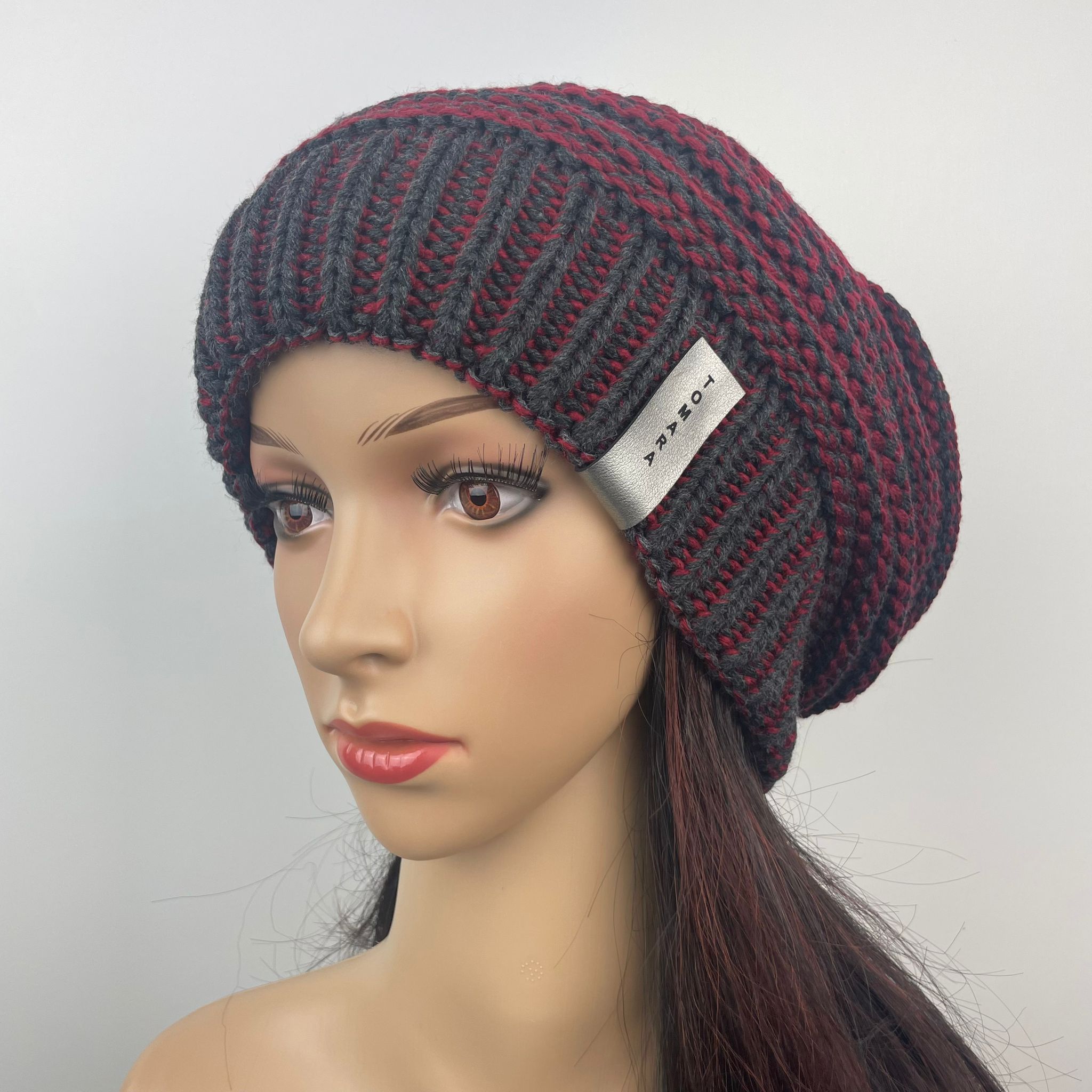 Beanie-Kingsize bordeaux-dunkelgrau-meliert